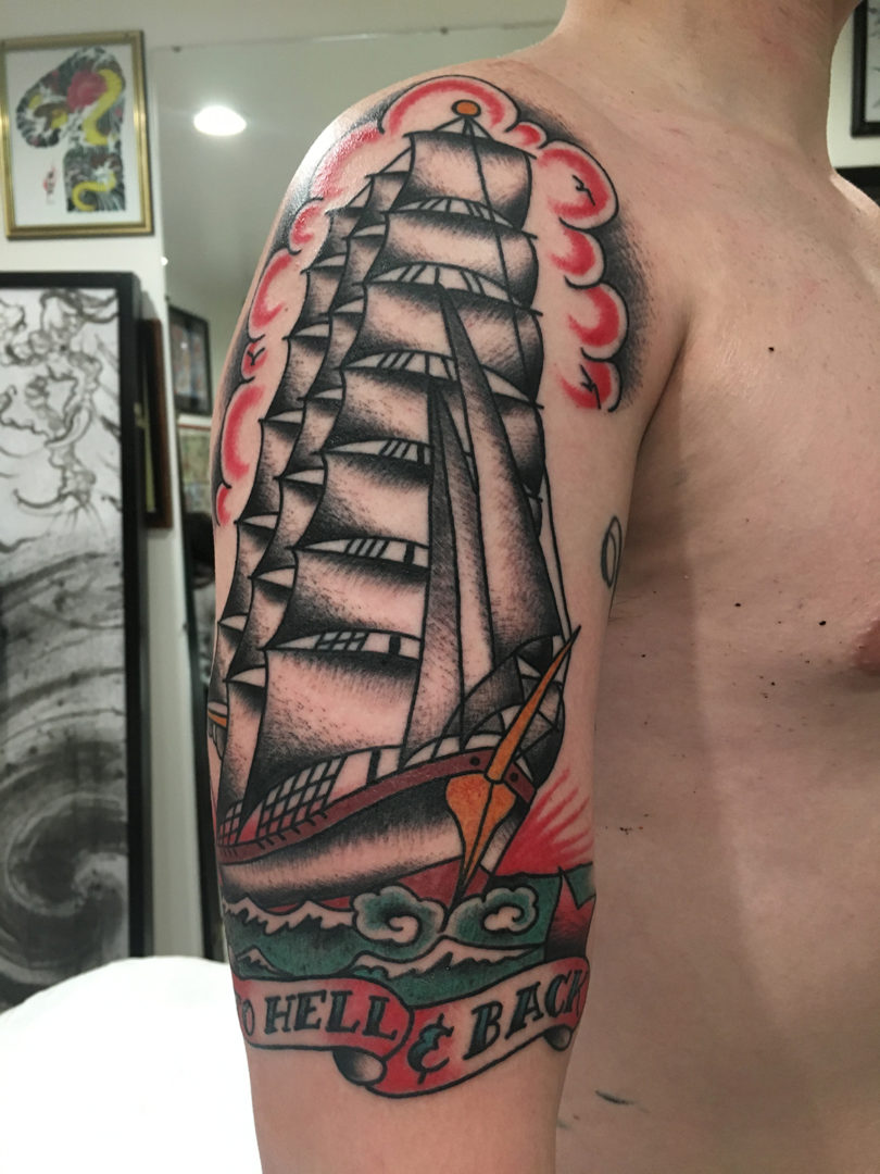 clipper ship forearm tattoo